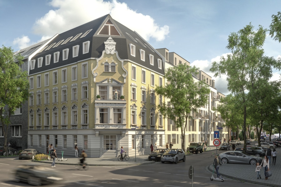 "Hinz&Kunz" Ideal geschnittene Neubau-3-Zimmer-Wohnung hinter historischer Fassade - Ansicht Bestandsfassade